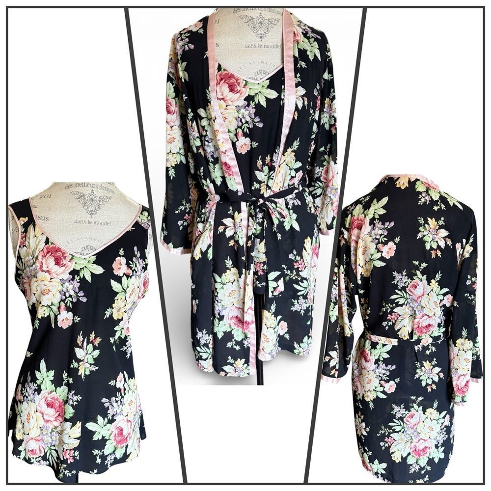 Vintage Oscar De La Renta Pink Label Floral Kimono Robe and Cami Set Black Pink
